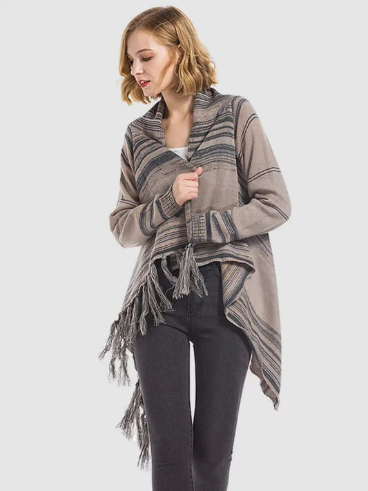 Angel Wings Tassel Striped Open Front Long Sleeve Cardigan - Trendsi - Flyclothing LLC