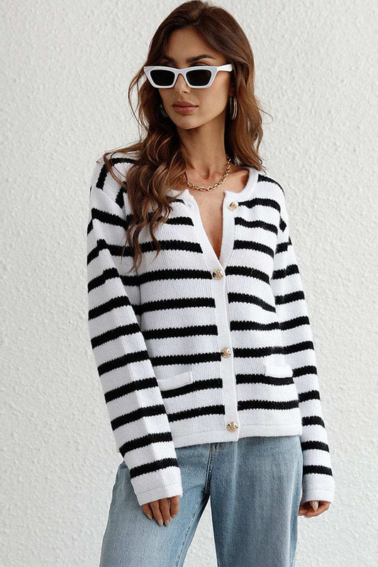 Striped Button Down Long Sleeve Cardigan - Trendsi - Flyclothing LLC
