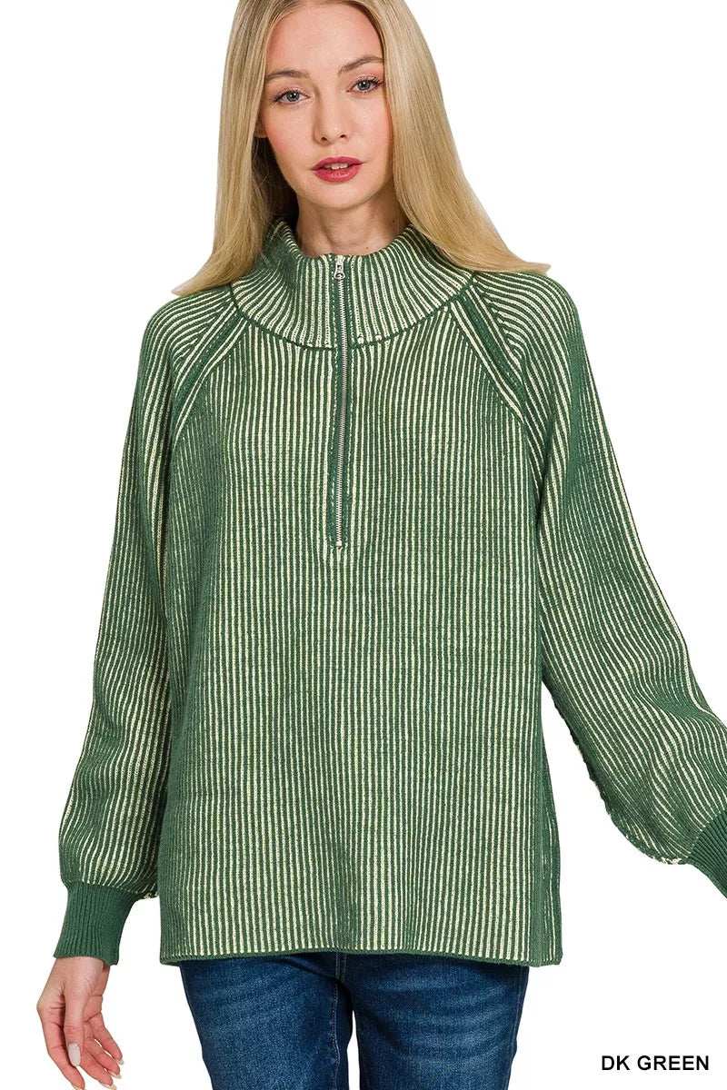 Zenana Ribbed Two Tone Half Zip Sweater - Trendsi - Flyclothing LLC