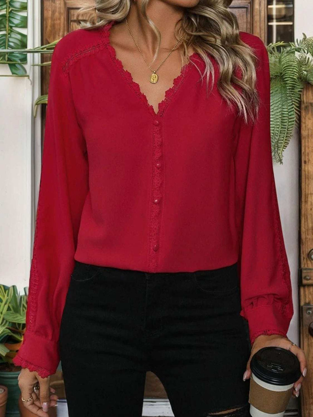 Lace Detail V-Neck Long Sleeve Blouse - Trendsi - Flyclothing LLC