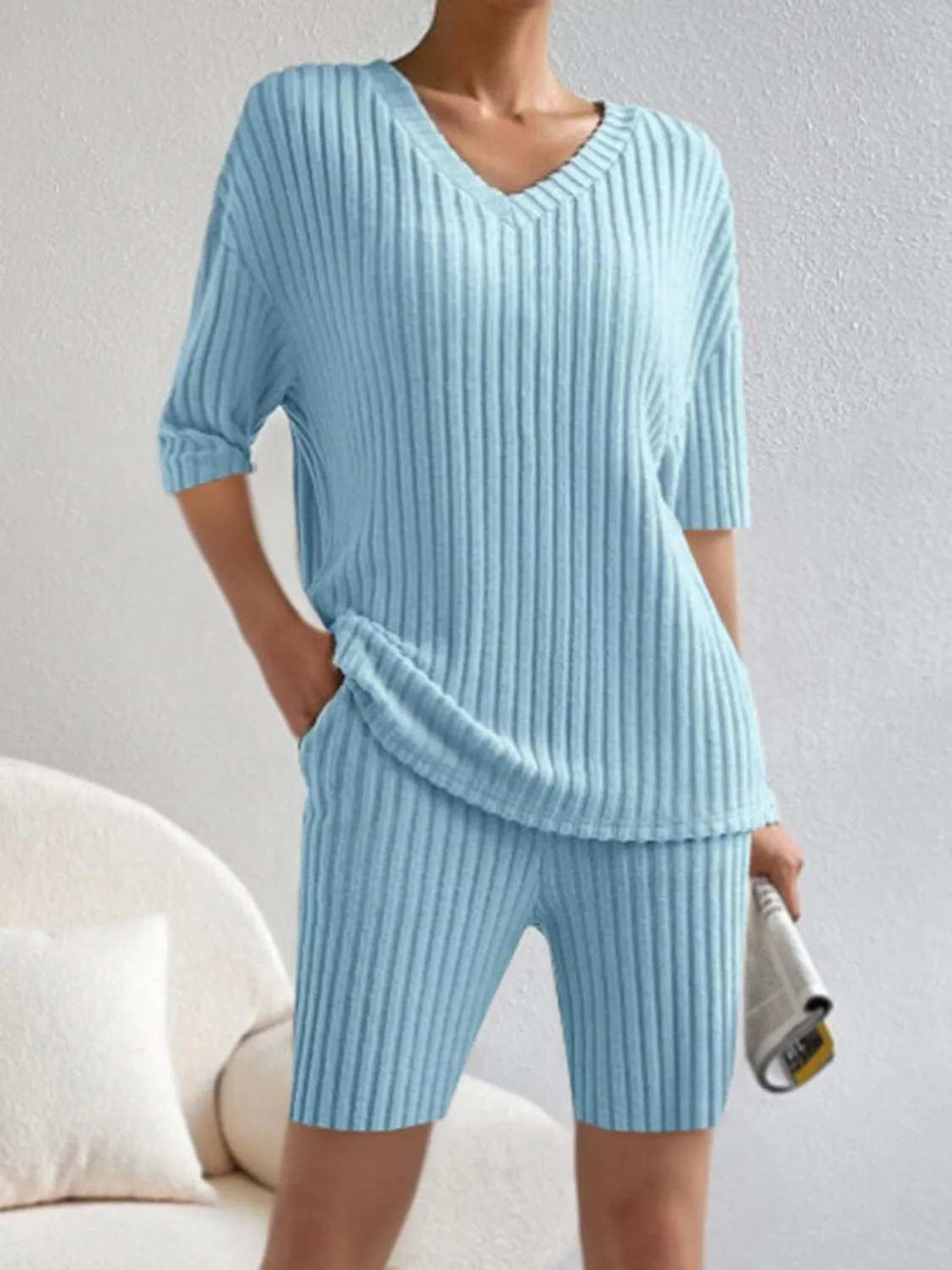 Ribbed V-Neck Top and Shorts Set - Trendsi - Flyclothing LLC