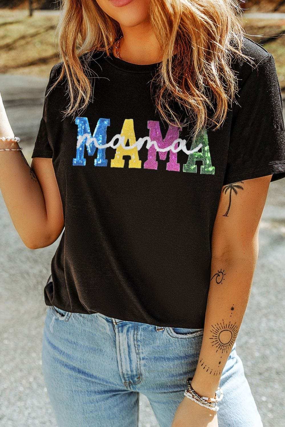 Sequin MAMA Round Neck Short Sleeve T-Shirt - Trendsi - Flyclothing LLC