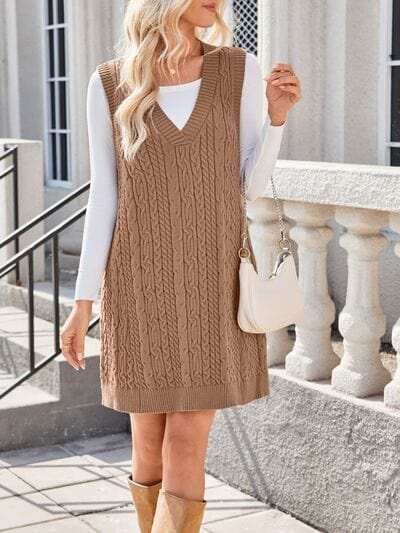 Lovelet Cable Knit V-Neck Mini Sweater Overall Dress - Trendsi - Flyclothing LLC