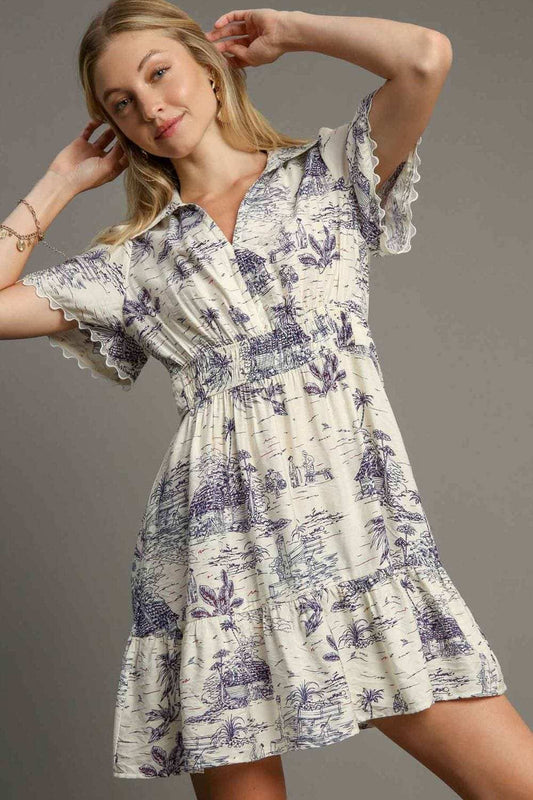 Umgee Full Size Landscape Print Collared Mini Dress Plus Size - Trendsi - Flyclothing LLC
