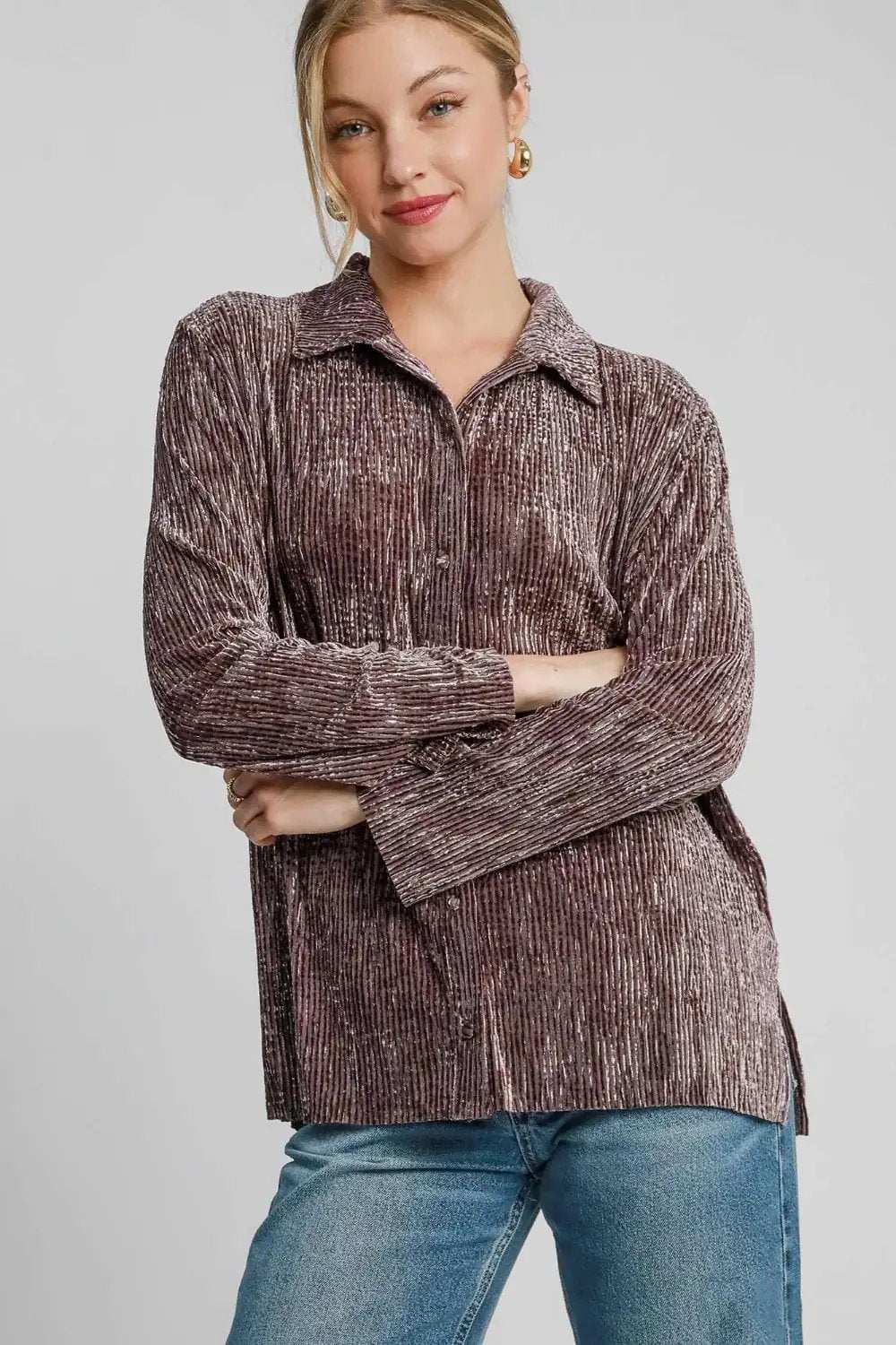 Umgee Side Slit Texture Button Up Shirt - Trendsi - Flyclothing LLC