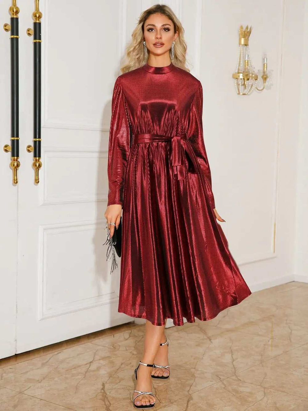 Tie Waist Long Sleeve Midi Dress - Trendsi - Flyclothing LLC