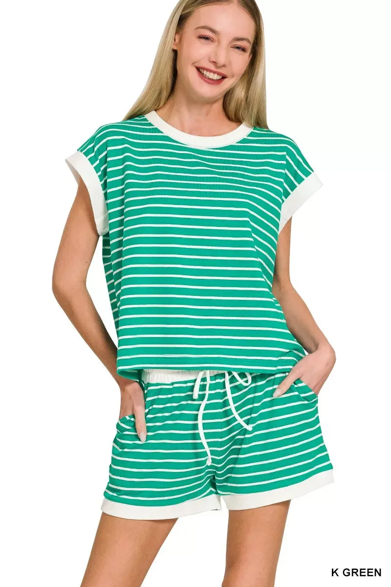 Zenana Stripe Contrast Trim Top & Shorts Set - Trendsi - Flyclothing LLC