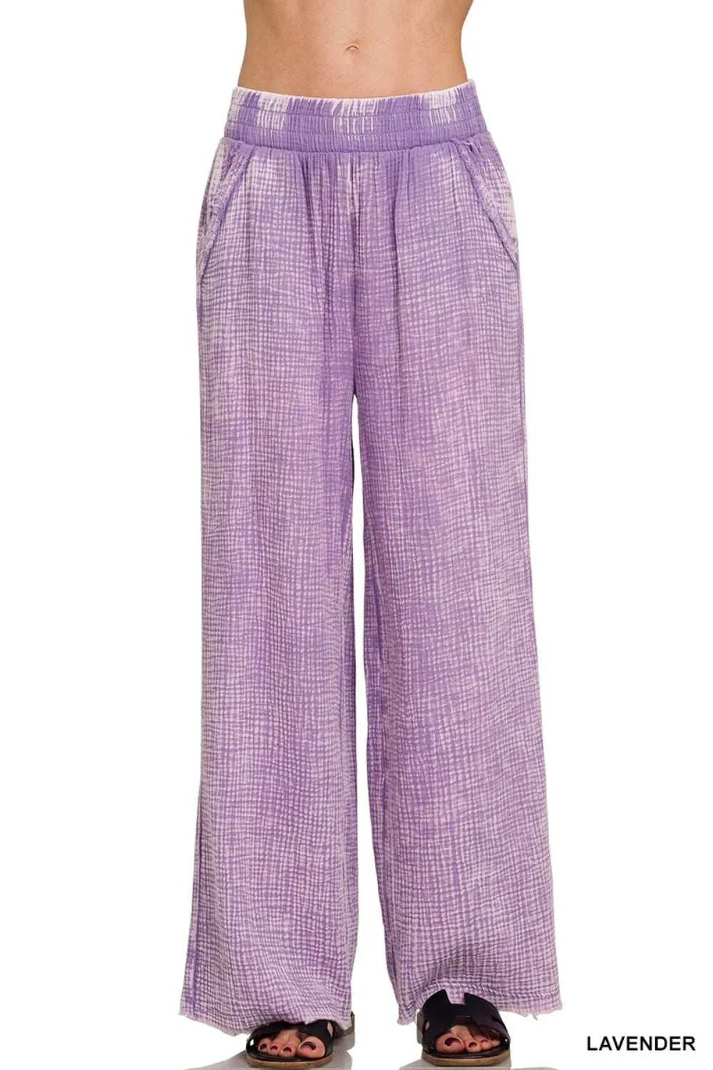 Zenana Washed Double Gauze Elastic Band Waist Pants - Trendsi - Flyclothing LLC