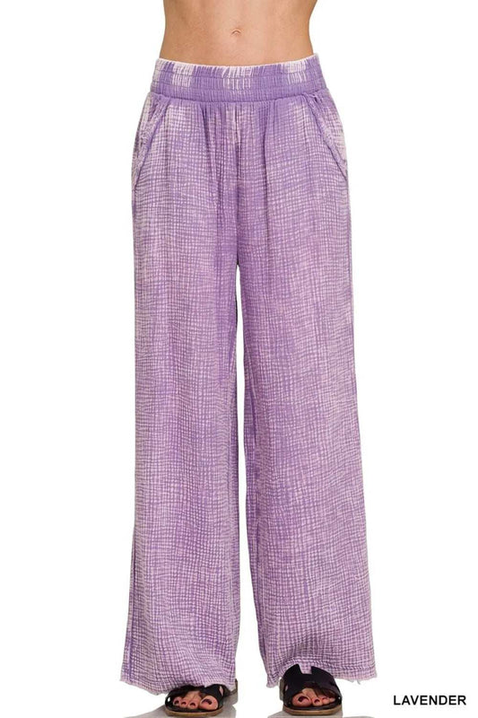 Zenana Washed Double Gauze Elastic Band Waist Pants - Trendsi - Flyclothing LLC