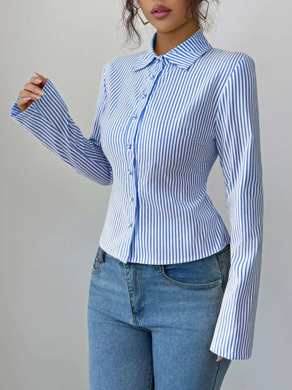 Striped Button-Up Long Sleeve Shirt - Trendsi - Flyclothing LLC