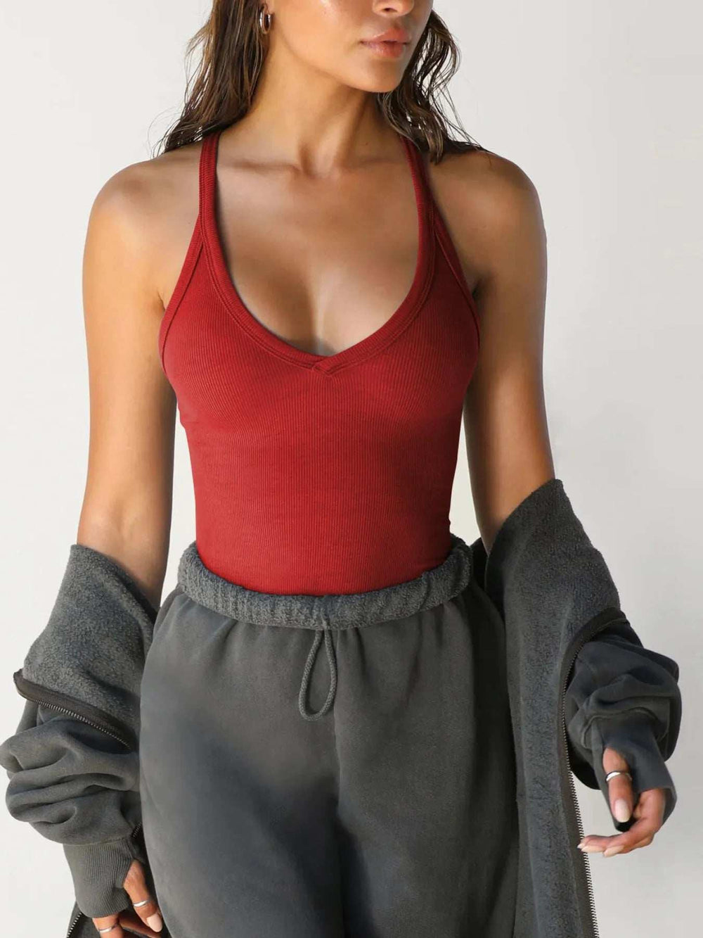 Ribbed V-Neck Halter Tank Top - Trendsi - Flyclothing LLC