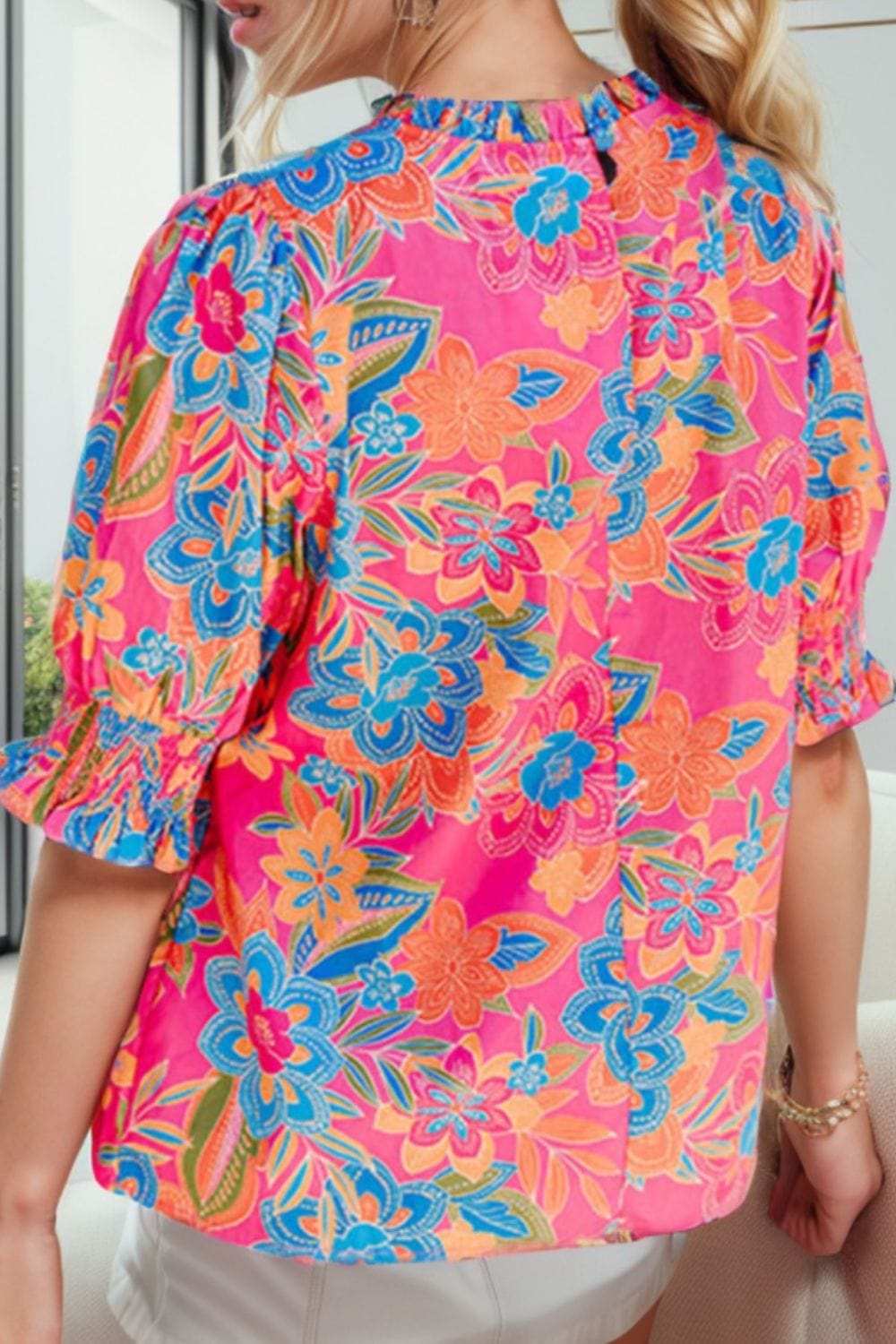 Printed Mock Neck Half Sleeve Blouse - Trendsi - Flyclothing LLC