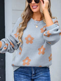 Flower Round Neck Dropped Shoulder Sweater - Trendsi - Flyclothing LLC