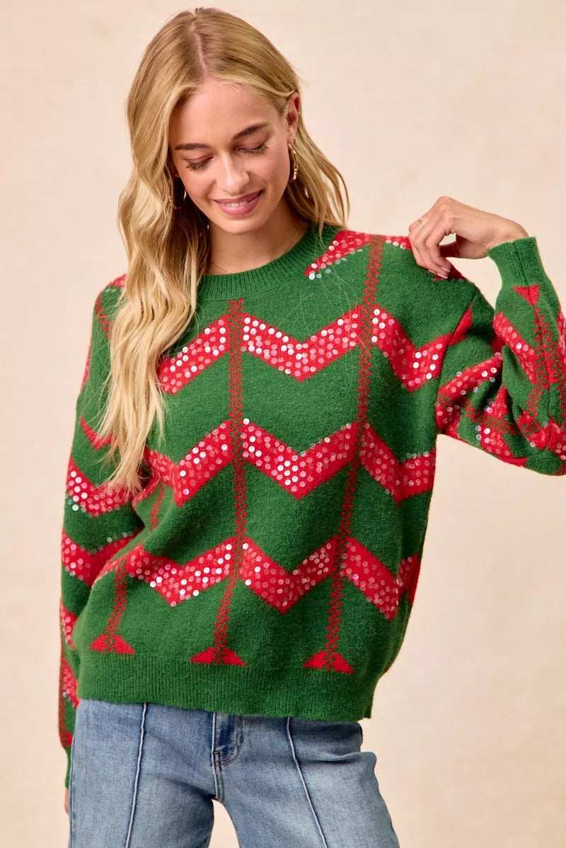 BiBi Christmas Theme Chevron Sequins Detail Sweater - Trendsi - Flyclothing LLC