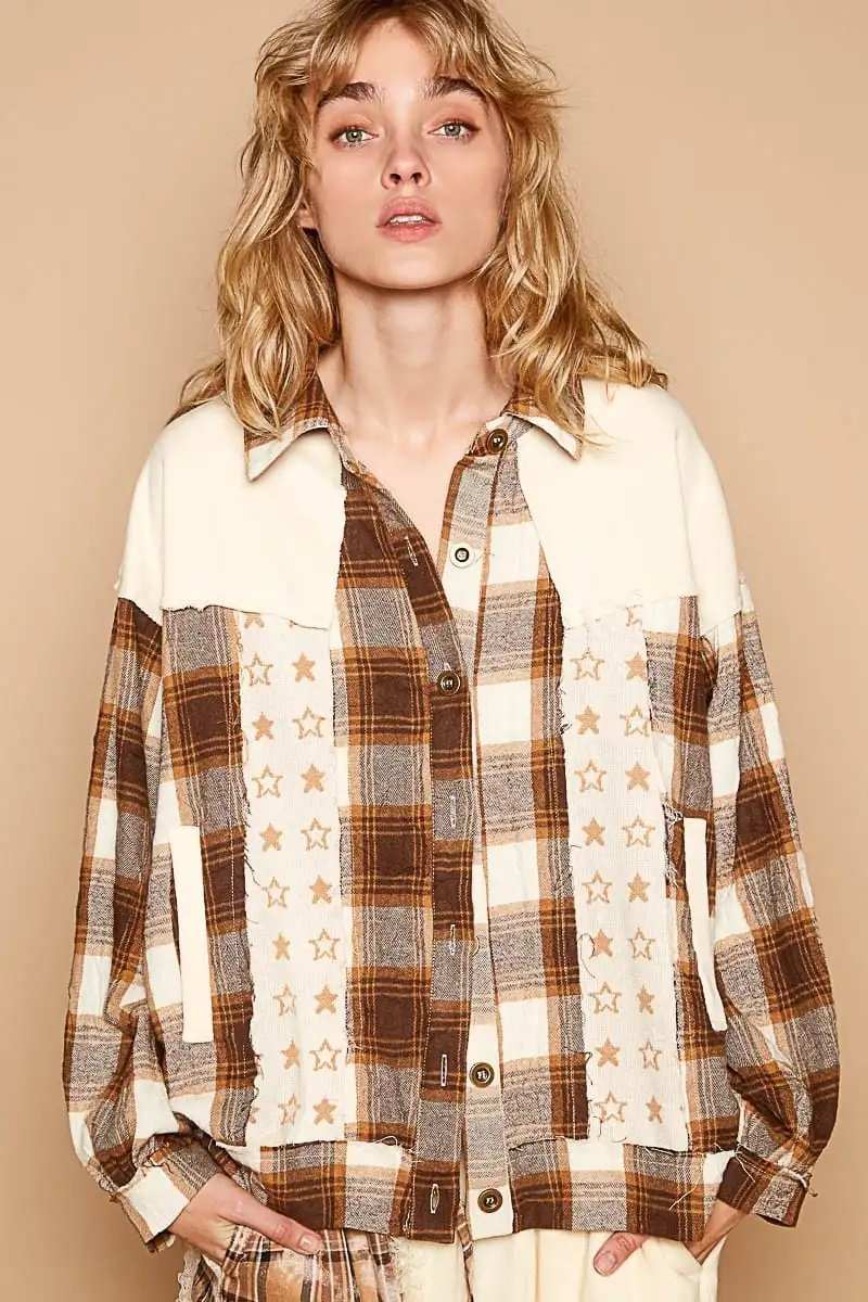 POL Plaid & Star Patchwork Contrast Long Sleeve Shacket - Trendsi - Flyclothing LLC