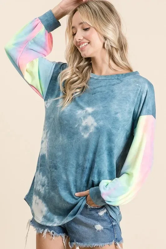 BiBi Tie Dye French Terry Top With Contrast Tie Dye - Trendsi - Flyclothing LLC