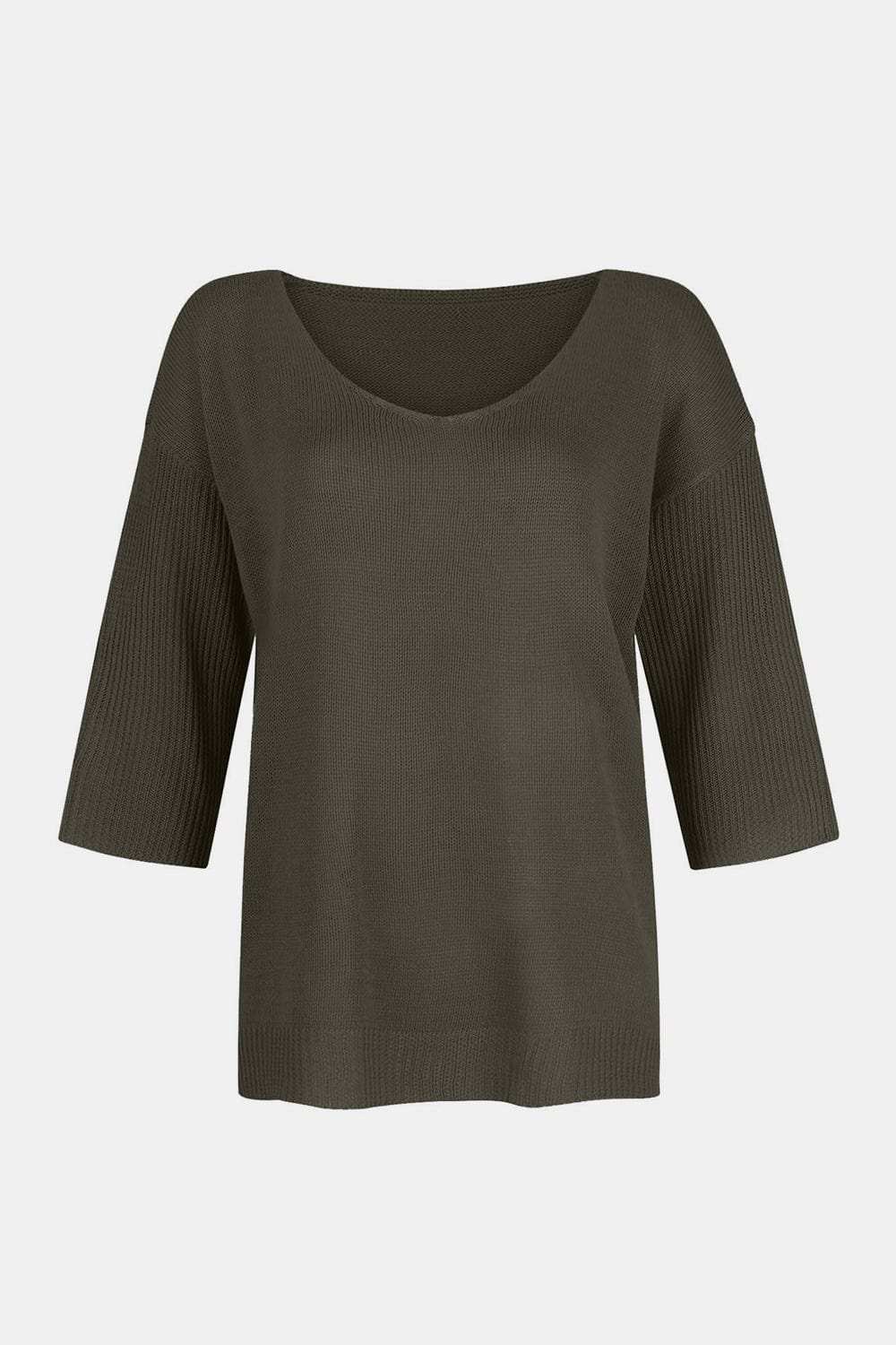 V-Neck Three-Quarter Sleeve Knit Top - Trendsi - Flyclothing LLC
