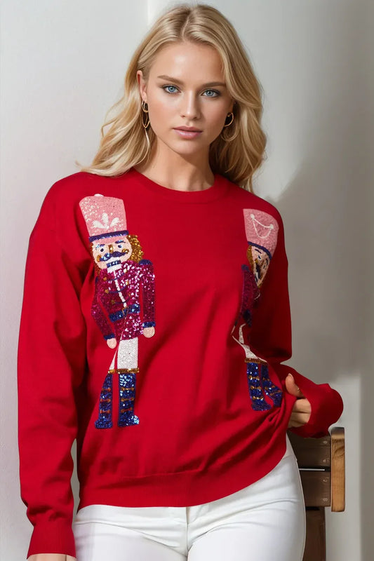 Double Take Full Size Nutcracker Sequin Long Sleeve Sweater - Trendsi - Flyclothing LLC