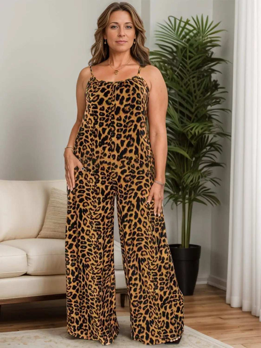 Full Size Leopard Scoop Neck Wide Leg Jumpsuit - Trendsi - Flyclothing LLC