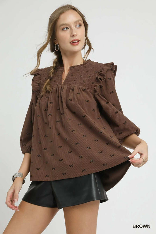 Umgee Bow Print Corduroy Puff Sleeve Blouse with Ruffled - Trendsi - Flyclothing LLC