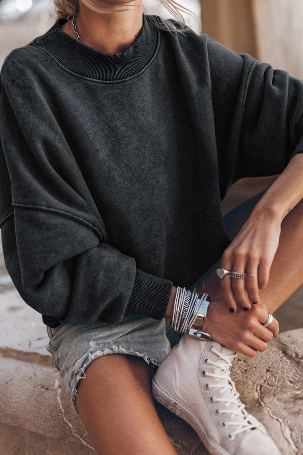 Mock Neck Dropped Shoulder Sweatshirt - Trendsi - Flyclothing LLC