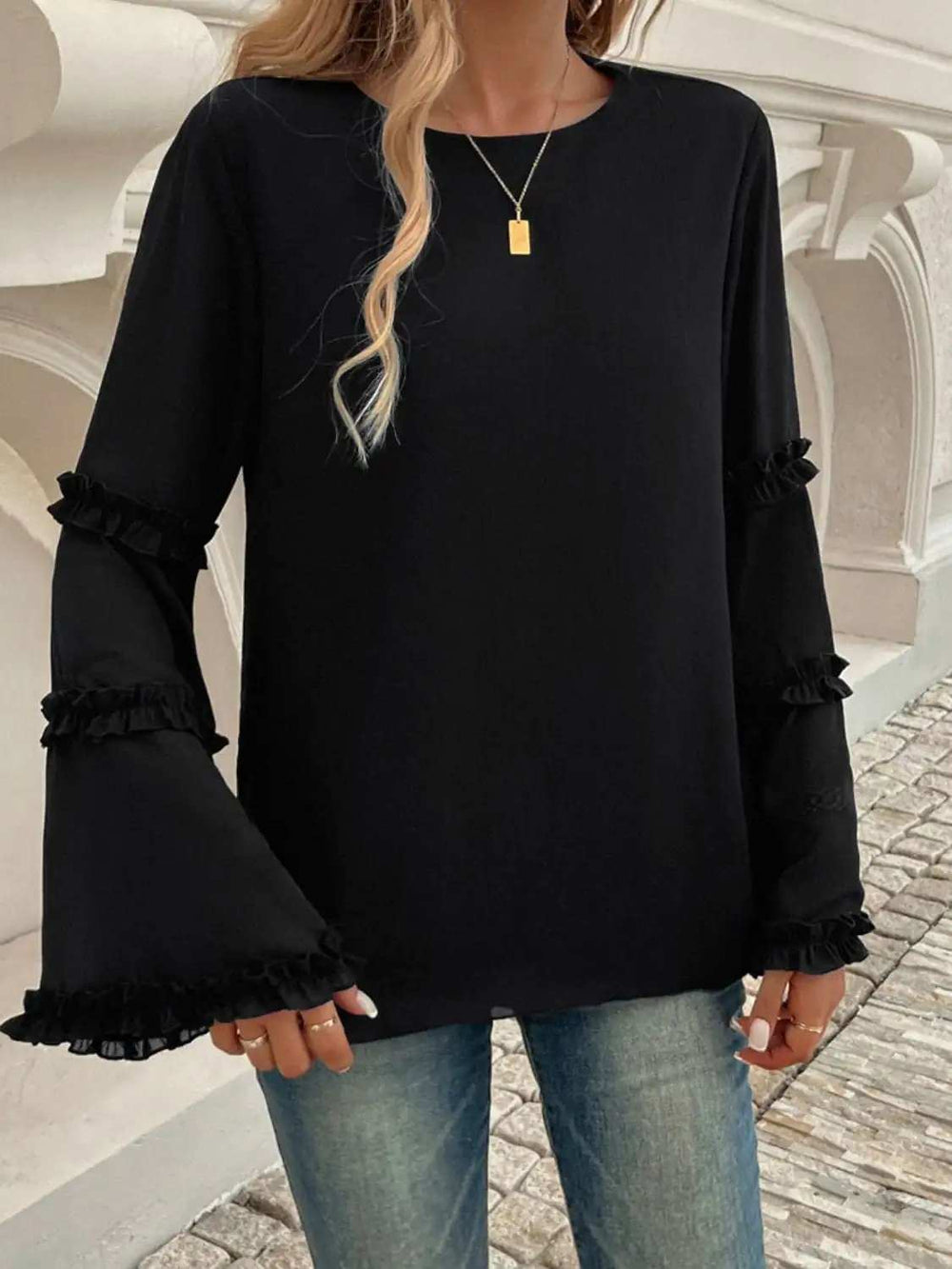 Devine Frill Round Neck Long Sleeve Top - Trendsi - Flyclothing LLC