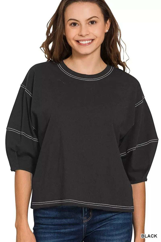 Zenana Balloon Sleeve Top with Contrast Stitching - Trendsi - Flyclothing LLC