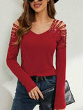 Rhinestone Cutout Long Sleeve T-Shirt - Trendsi - Flyclothing LLC