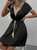 Full Size Tassel V-Neck Short Sleeve Dress Plus Size - Trendsi - Flyclothing LLC