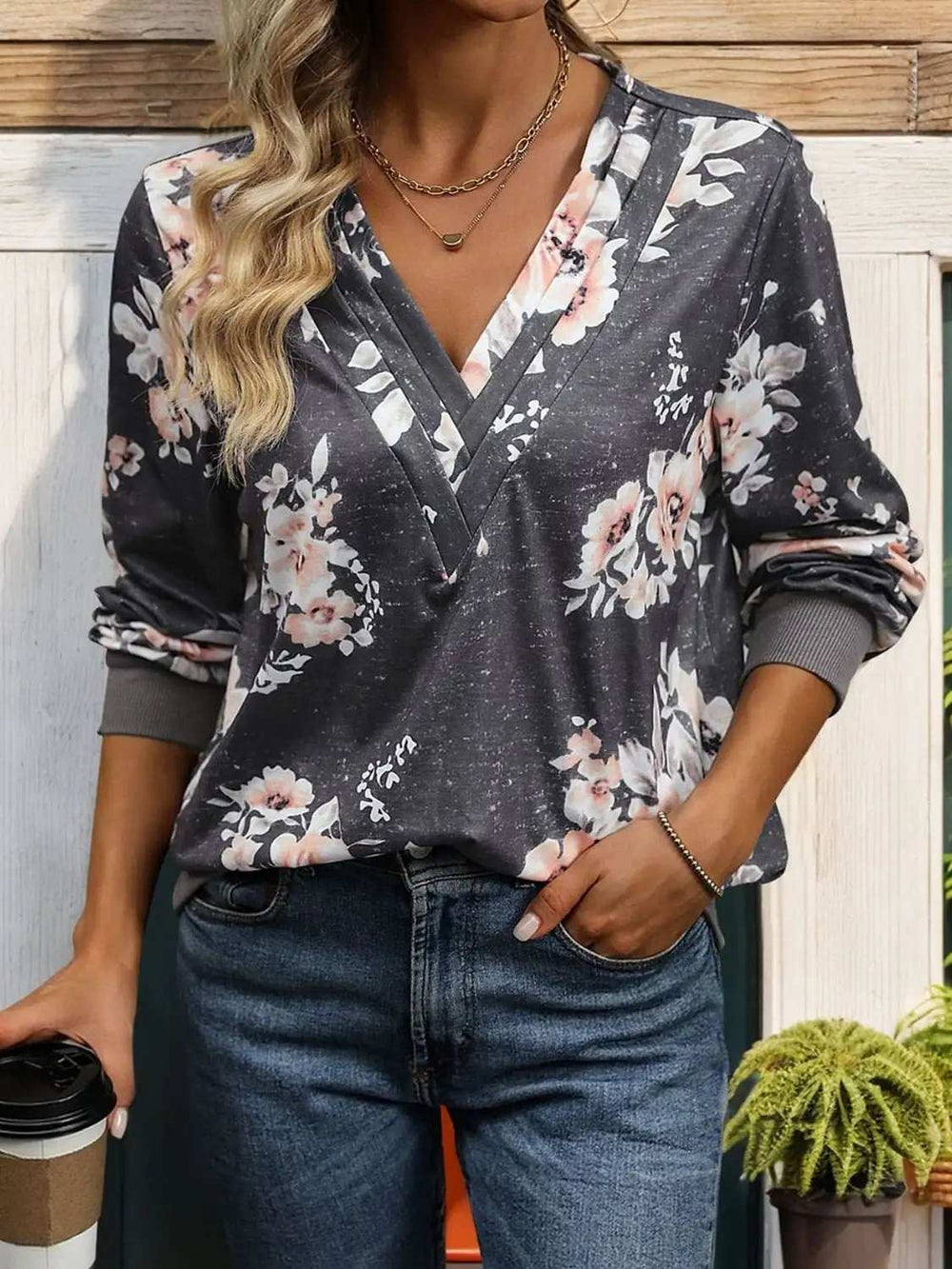 Printed V-Neck Long Sleeve Sweatshirt - Trendsi - Flyclothing LLC