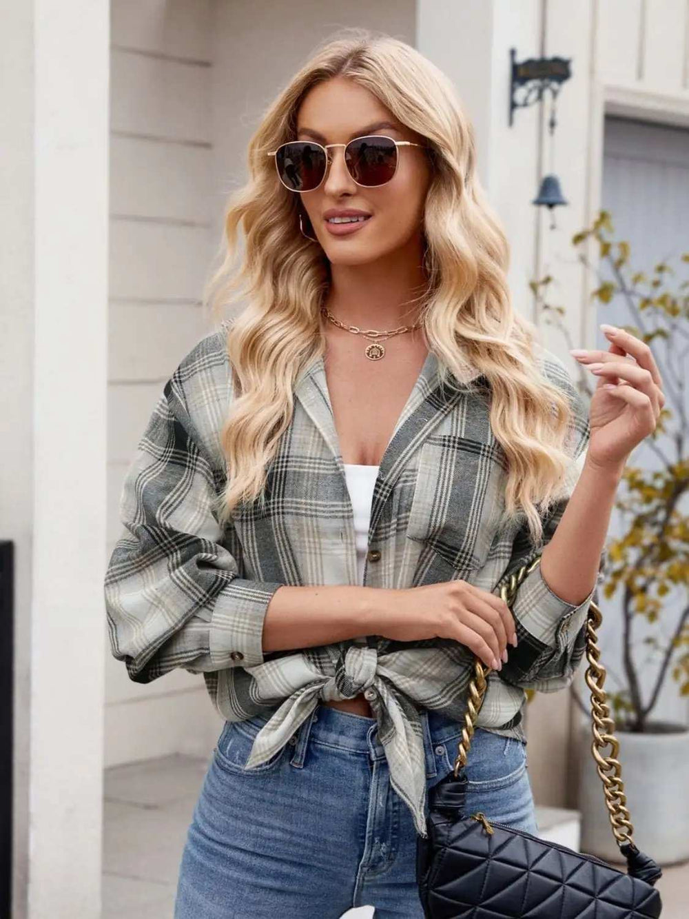Plaid Collared Neck Long Sleeve Shirt - Trendsi - Flyclothing LLC