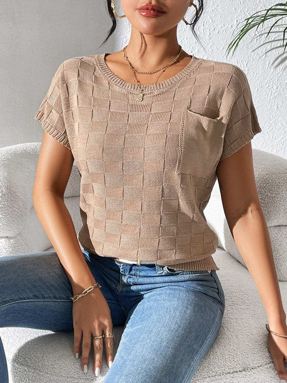 Round Neck Short Sleeve Knit Top - Trendsi - Flyclothing LLC