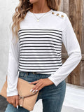 Decorative Button Striped Round Neck Long Sleeve T-Shirt - Trendsi - Flyclothing LLC