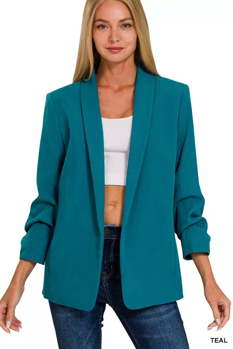 Zenana Woven 3/4 Ruched Sleeve Open Front Classic Blazer - Trendsi - Flyclothing LLC