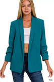 Zenana Woven 3/4 Ruched Sleeve Open Front Classic Blazer - Trendsi - Flyclothing LLC