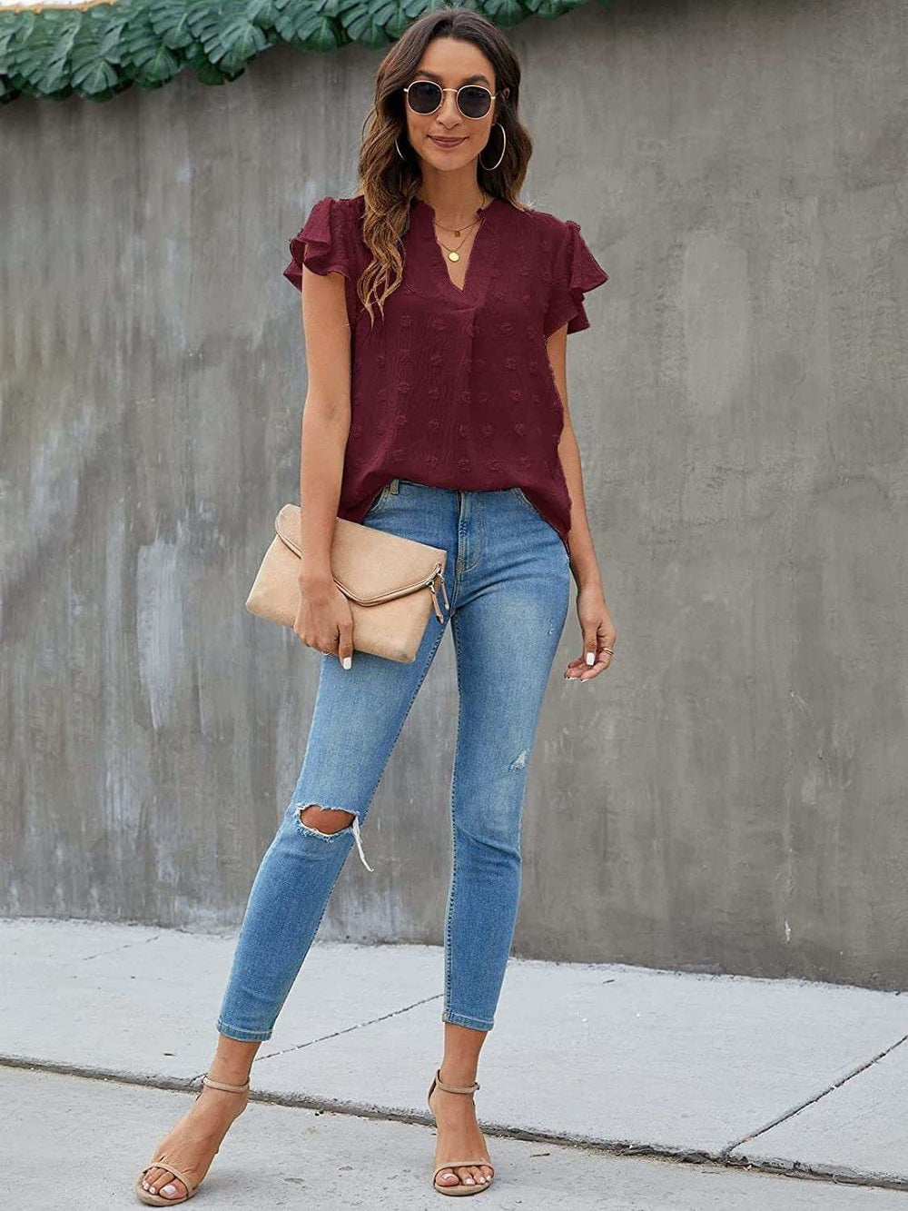 Swiss Dot Notched Flutter Sleeve Blouse - Trendsi - Flyclothing LLC