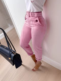 High Waist Belted Slim Fit Ankle Pants - Trendsi - Flyclothing LLC