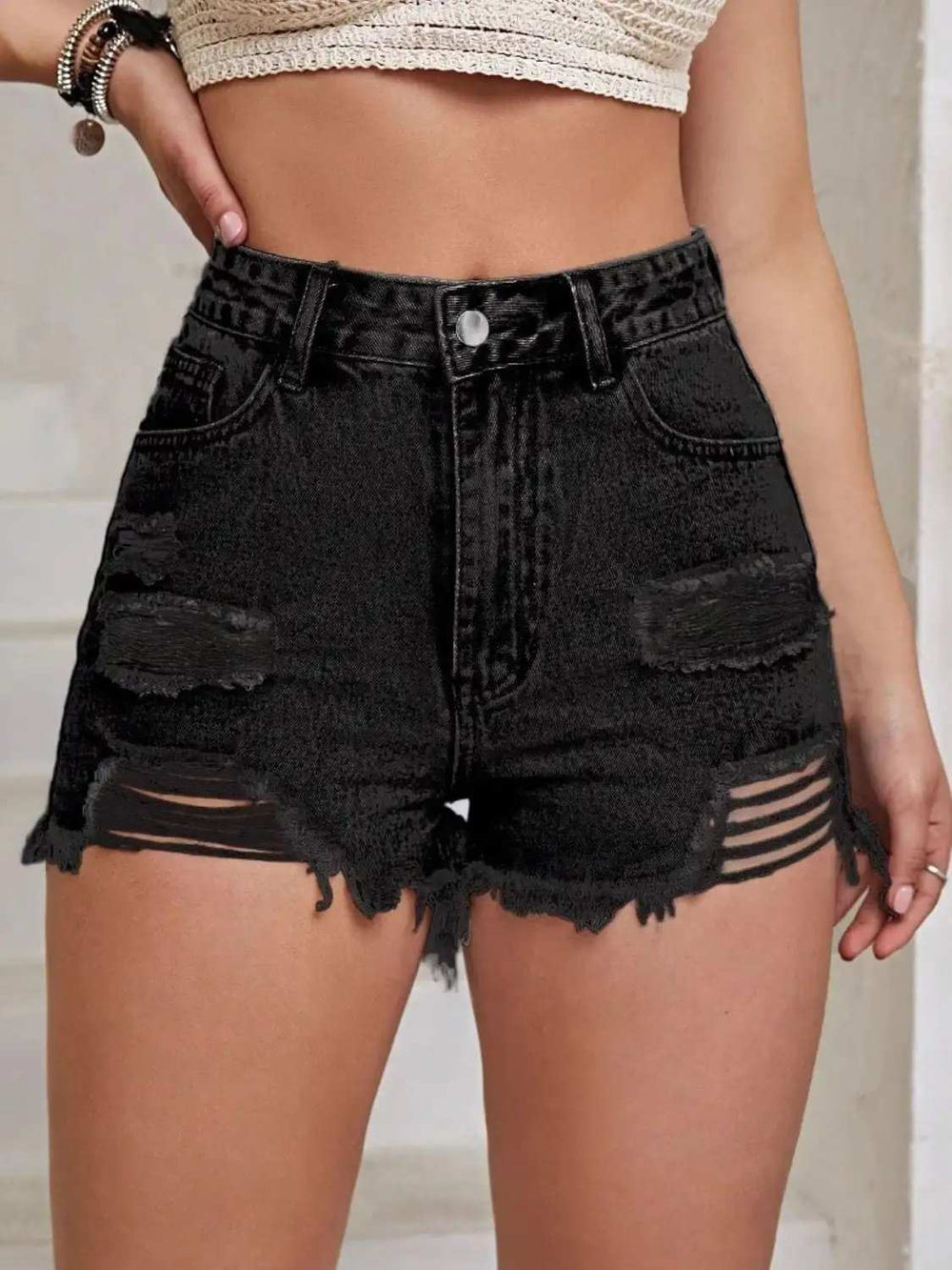 Distressed Raw Hem High Waist Denim Shorts - Trendsi - Flyclothing LLC
