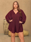 Plus Size Tie Neck Balloon Sleeve Romper - Trendsi - Flyclothing LLC