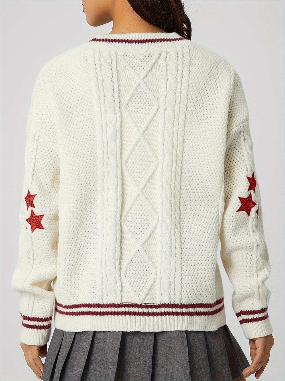 Star Embroidered V-Neck Long Sleeve Cardigan - Trendsi - Flyclothing LLC