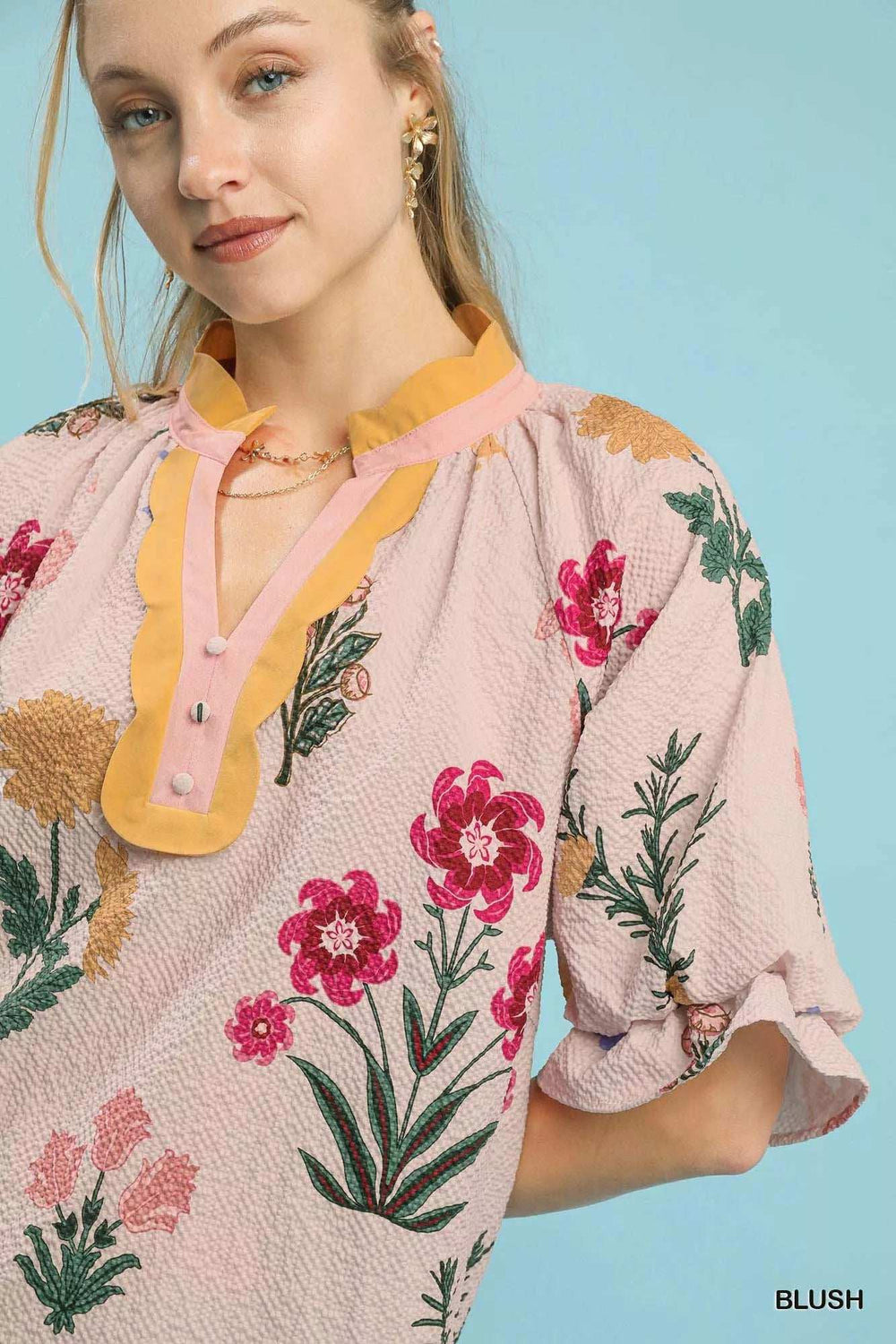 Umgee Floral Puff Sleeve Blouse with Scallop Trim Collar - Trendsi - Flyclothing LLC