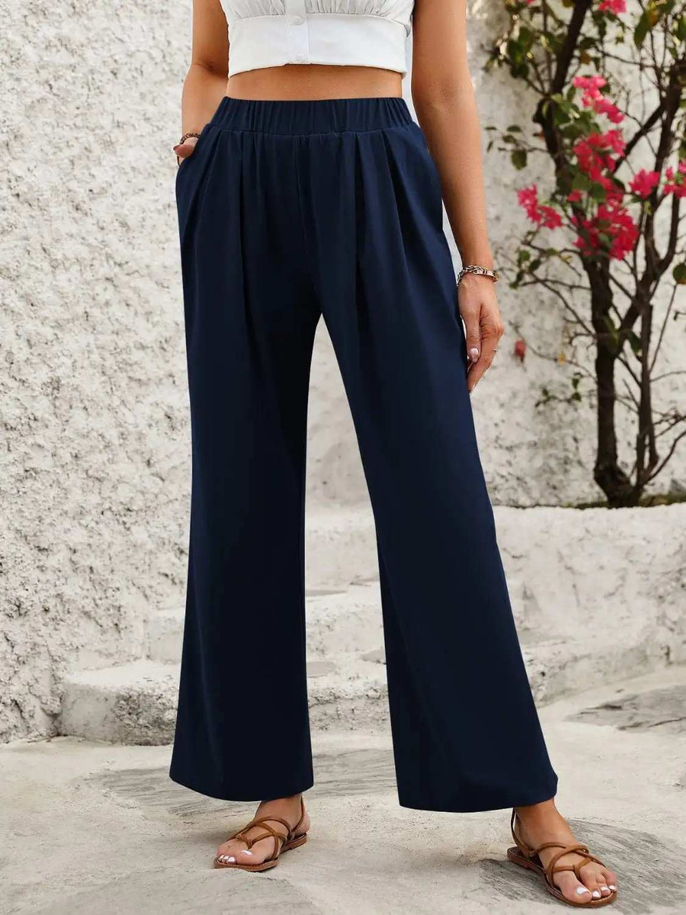 Elastic Waist Wide Leg Pants - Trendsi - Flyclothing LLC