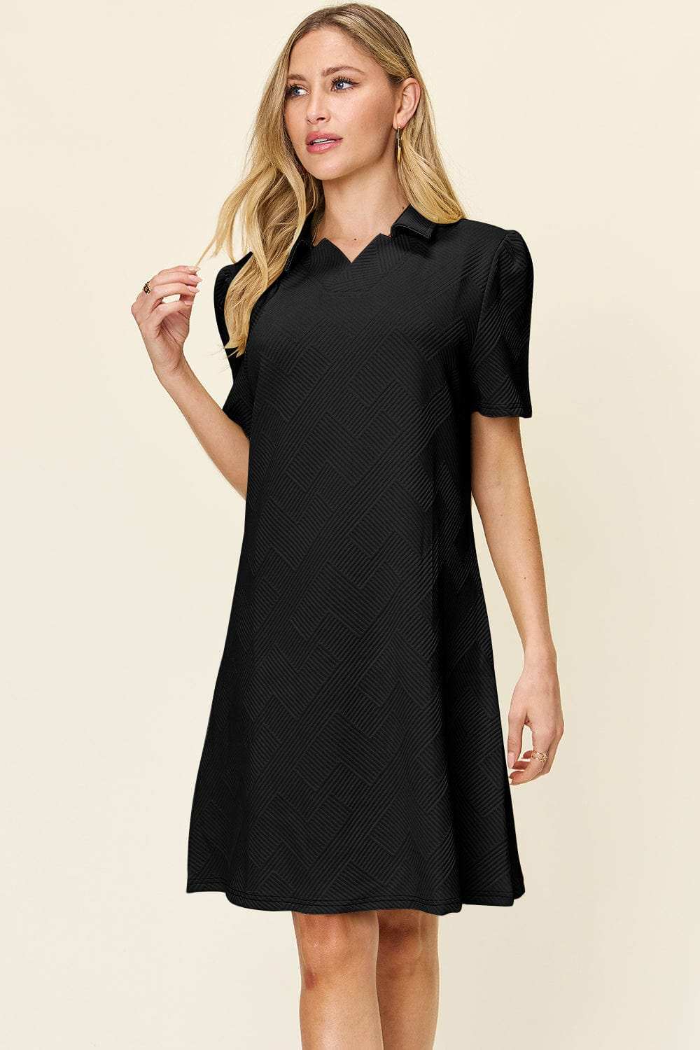 Double Take Full Size Texture Collared Neck Short Sleeve Dress - Trendsi - Flyclothing LLC