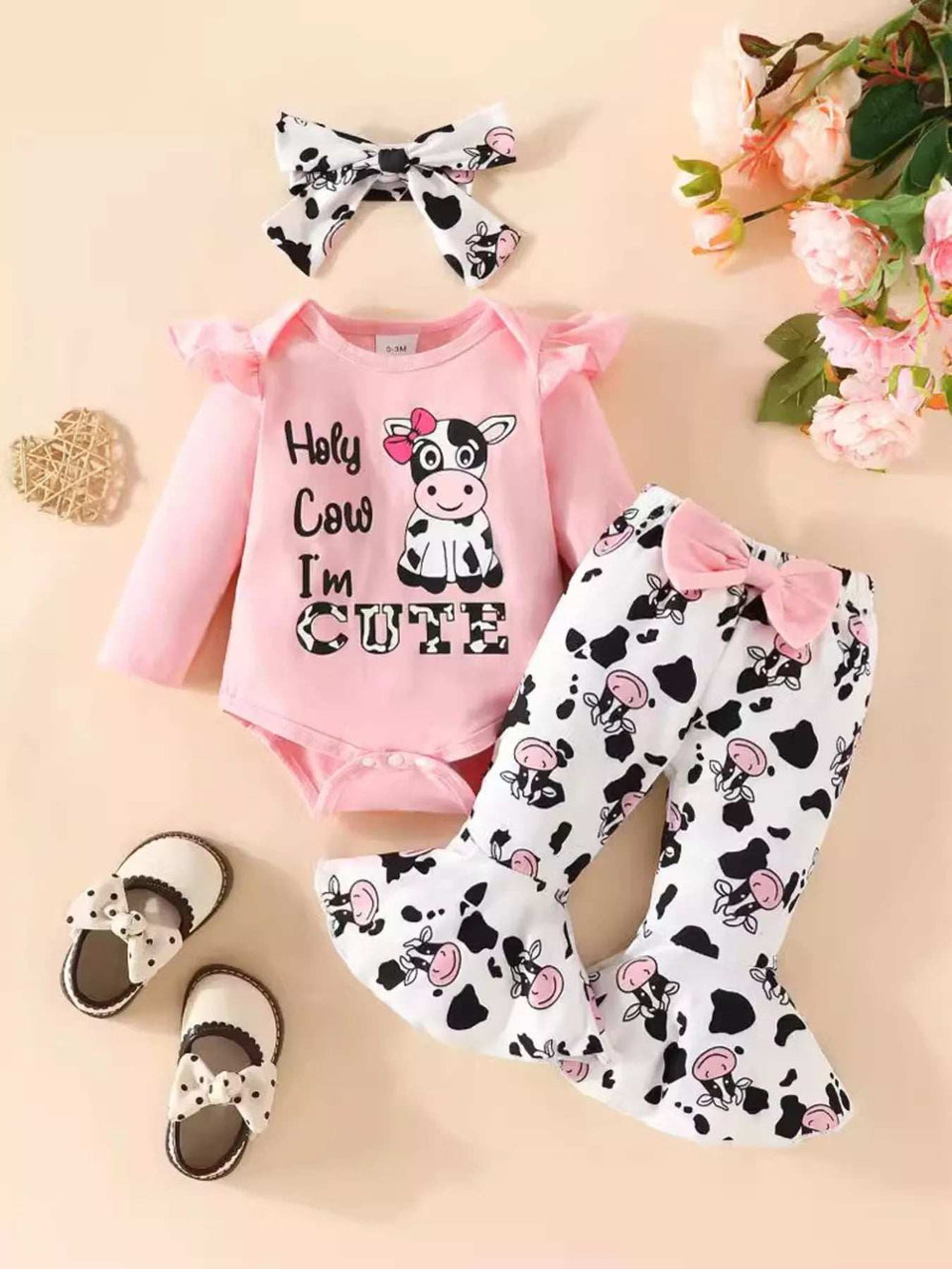 Children's Cow Graphic Ruffle Trim Bodysuit and Pants Set - Trendsi - Flyclothing LLC