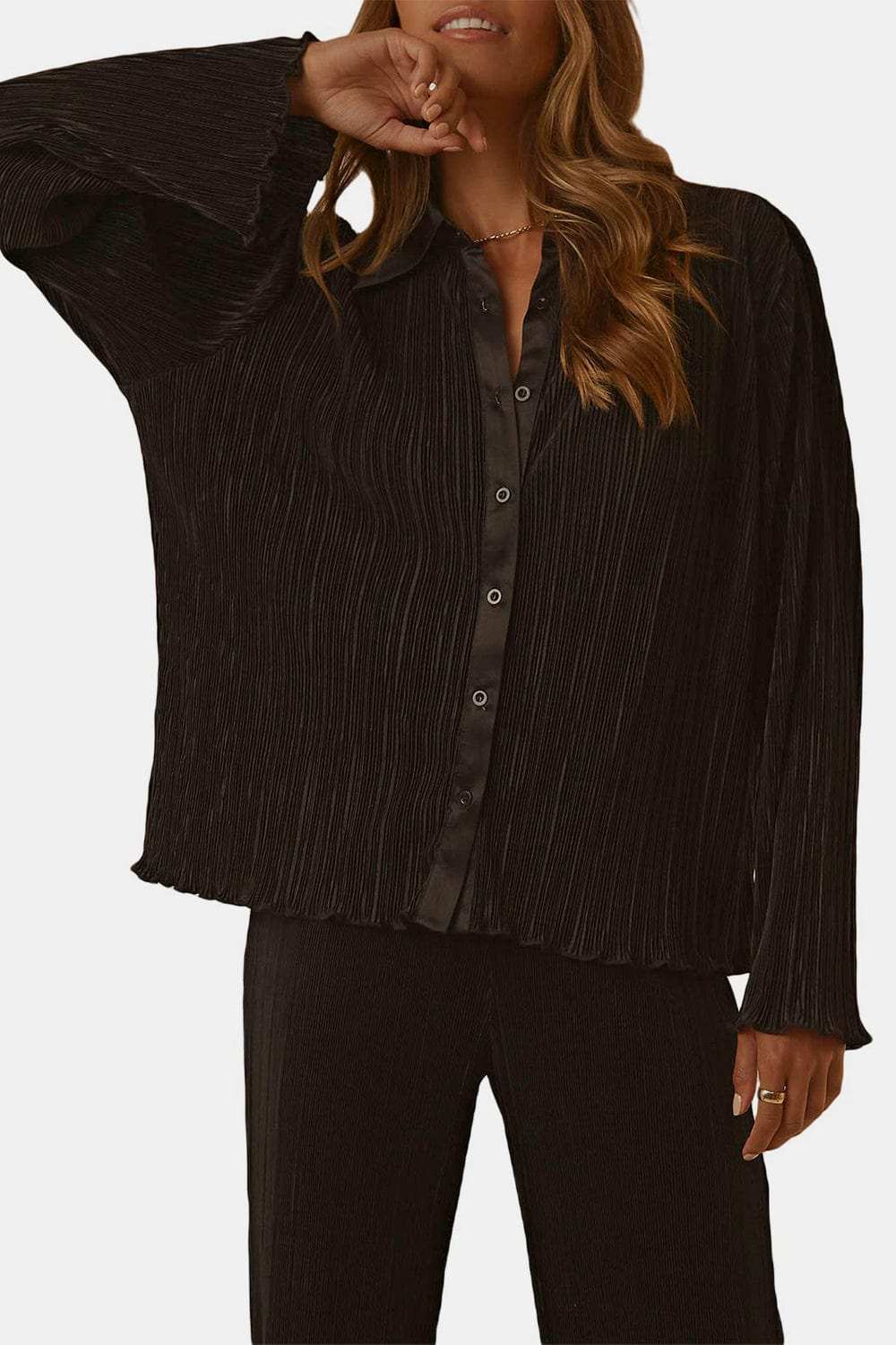 Textured Button Up Collared Neck Top and Pants Set - Trendsi - Flyclothing LLC