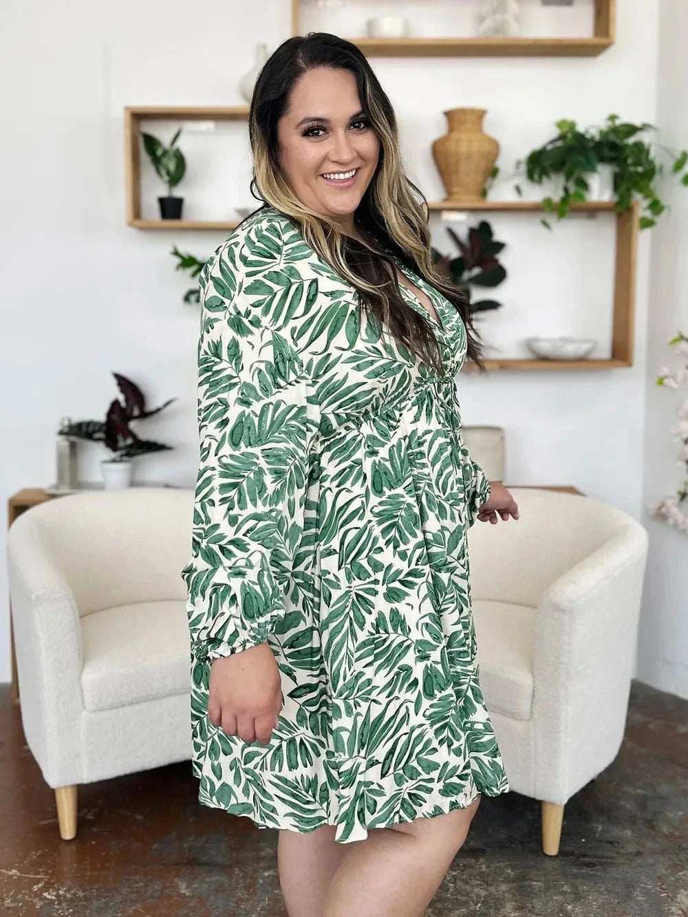 Double Take Full Size Printed Ruched Balloon Sleeve Dress - Trendsi - Flyclothing LLC