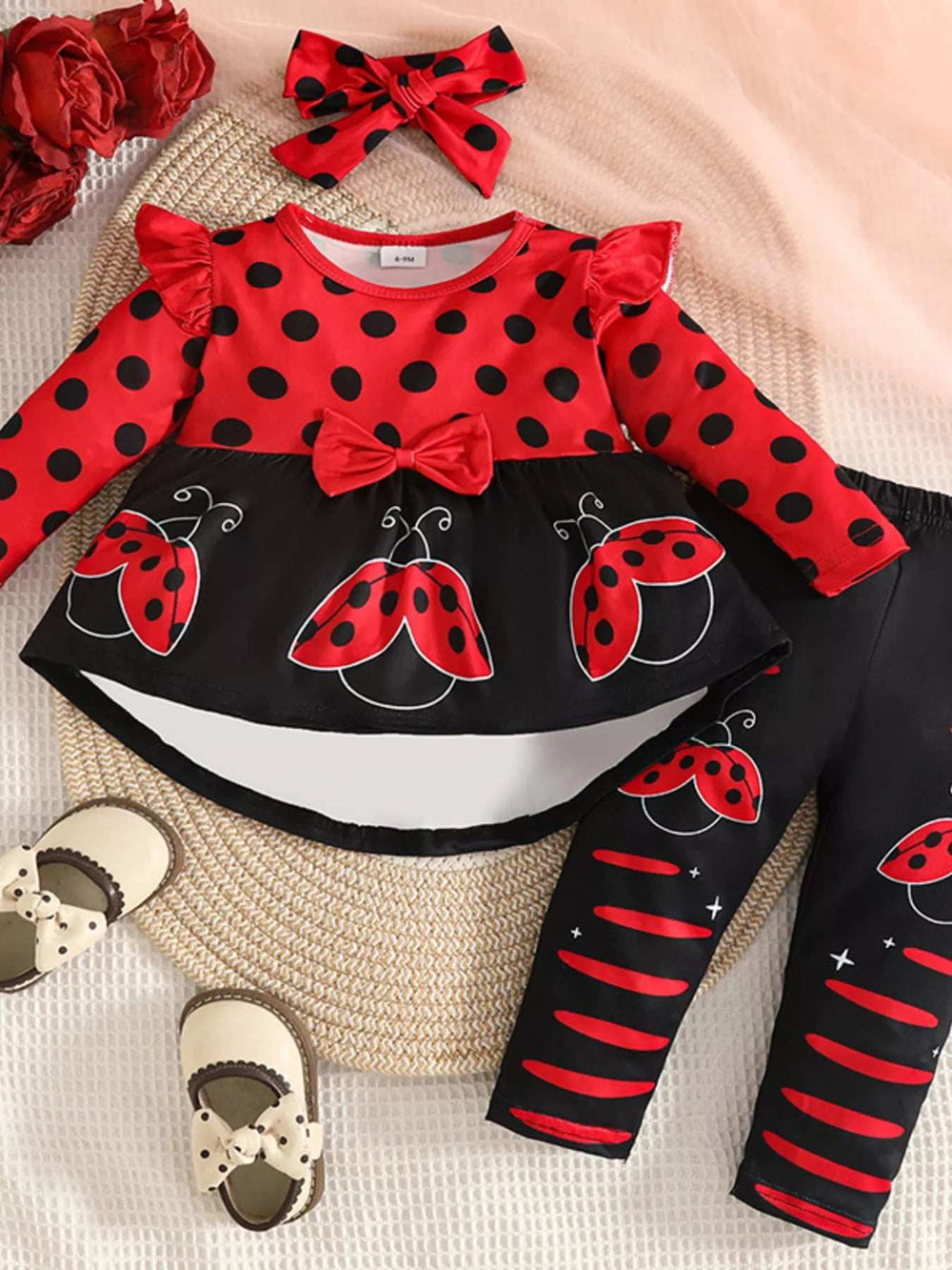 Children's Ladybug Print Ruffle Trim Top and Pants Set - Trendsi - Flyclothing LLC