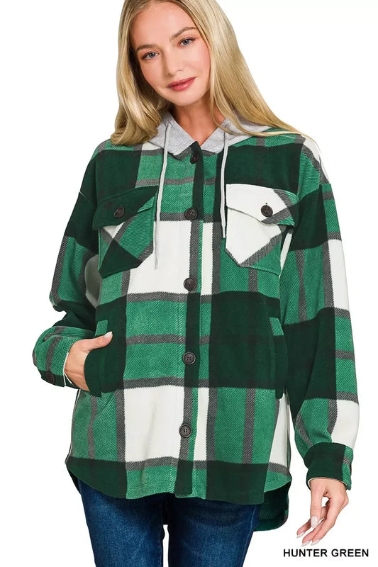 Zenana Plaid Drawstring Hooded Fleece Shacket - Trendsi - Flyclothing LLC