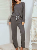 Notched Long Sleeve Top and Pants Set - Trendsi - Flyclothing LLC