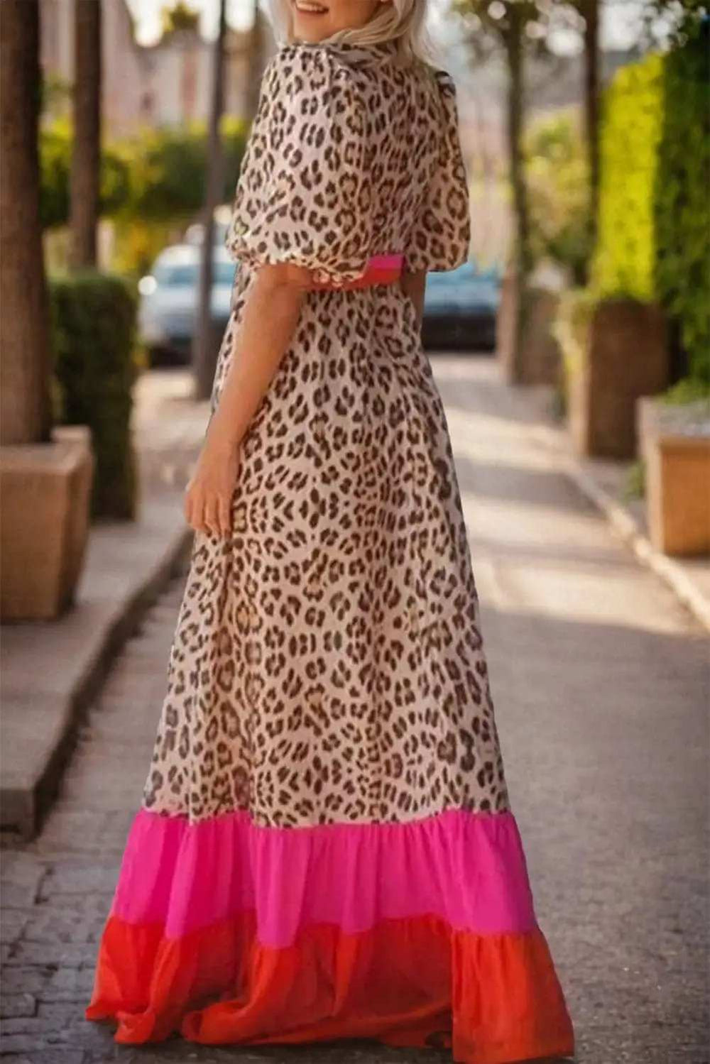 Full Size Leopard V-Neck Half Sleeve Maxi Dress - Trendsi - Flyclothing LLC